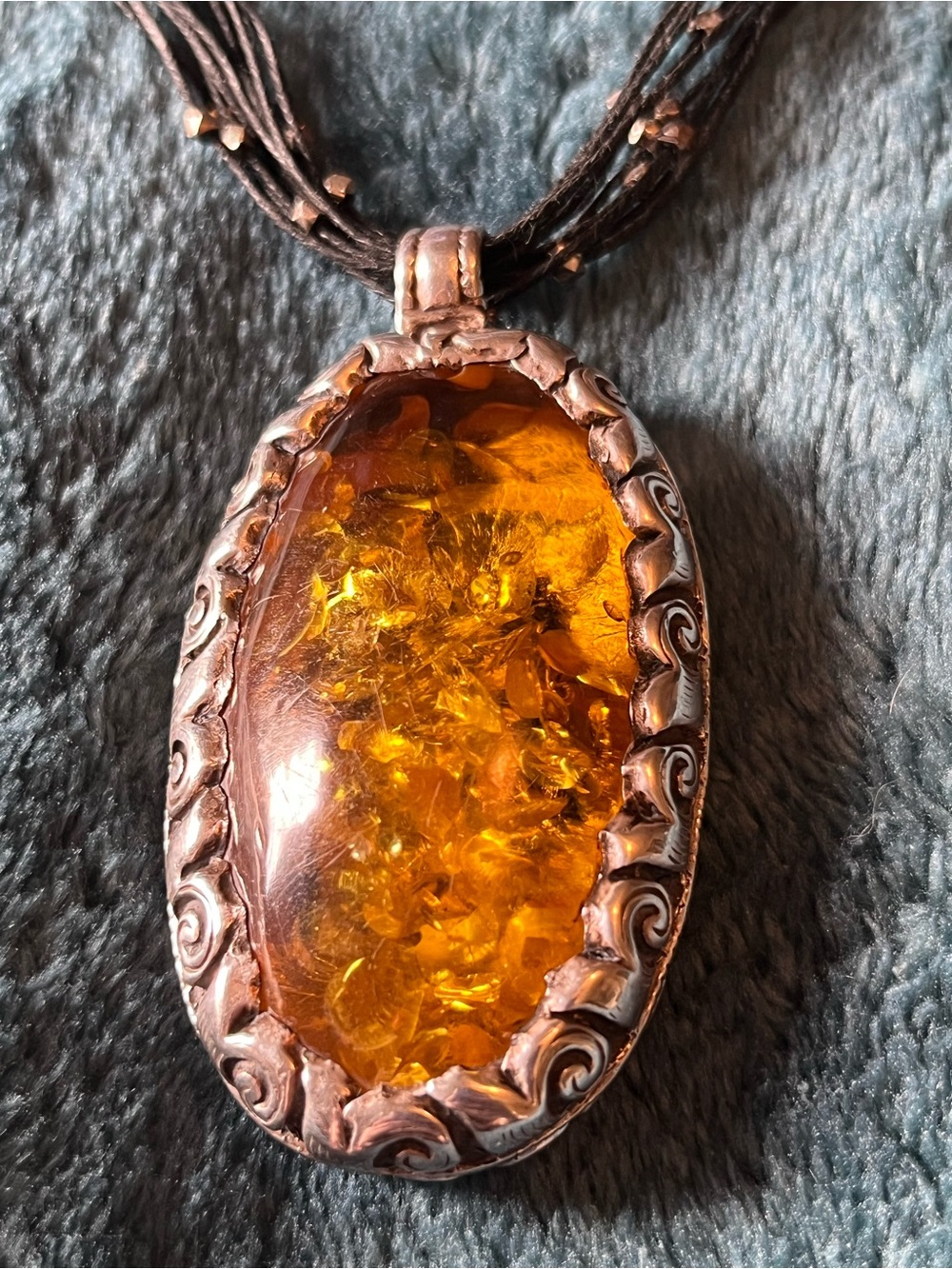Gold Tone Baltic Amber/Silver Oval Pendant Necklace with Black Multi-Strand Cord - Picture 3 of 11